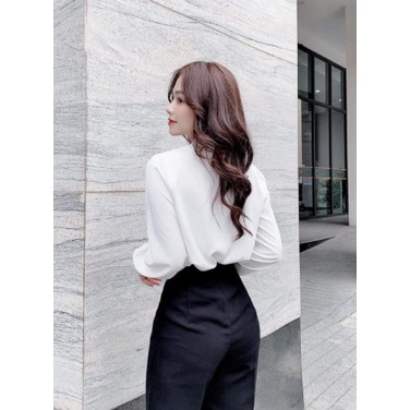 Áo sơ mi nữ trắng dài tay dáng suông xoắn ngực - Thời trang thiết kế Gloria Shop SMT01
