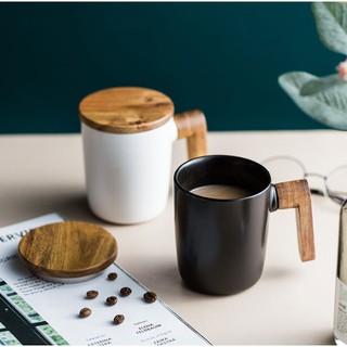 Ly cà phê, uống nước, trà sữa nóng gốm sứ quai gỗ nắp gỗ SMC021