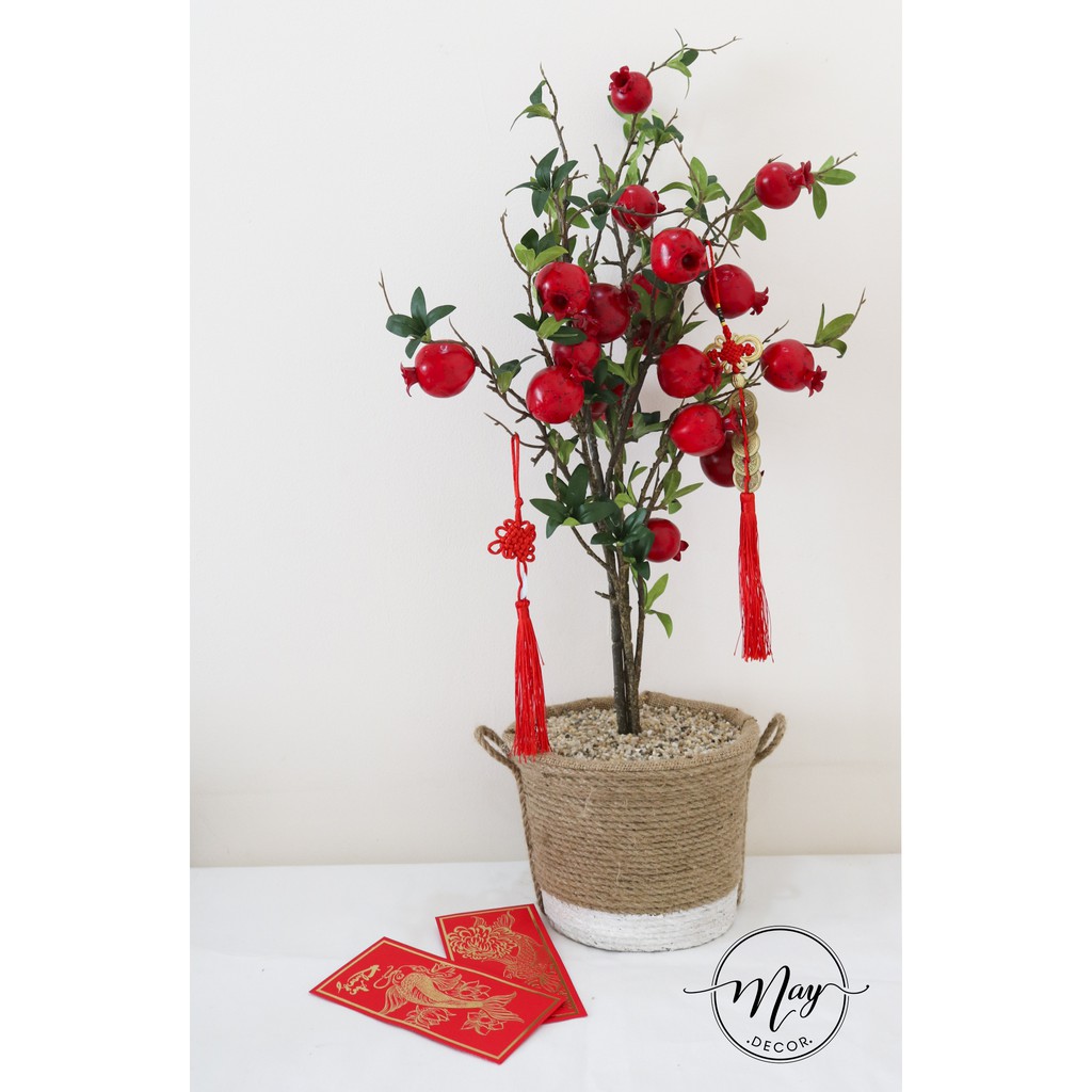 Cây giả, Chậu Lựu giả kèm chậu cói như ảnh cao 80cm