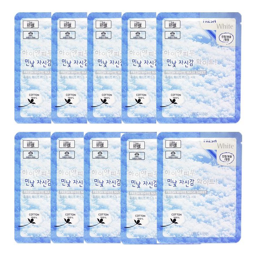 Bộ 10 Gói Mặt Nạ Tuyết Dưỡng Trắng Da 3W Clinic Fresh White Mask Sheet (23ml X 10) - Hàn Quốc Chính Hãng