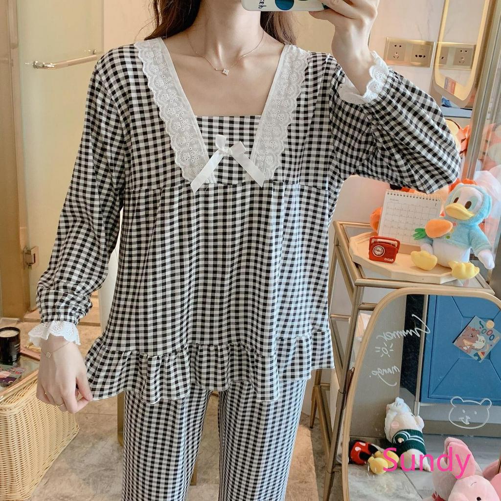 Bộ đồ ngủ tay dài kẻ sọc thời trang đáng yêu cho nữ