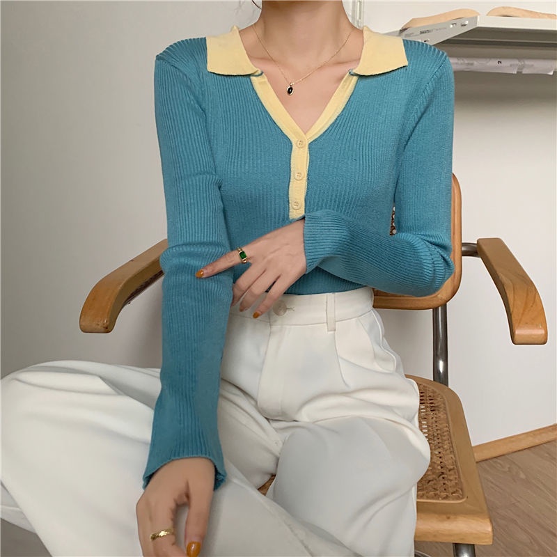 Áo Thun Dệt Kim Cổ POLO Tay Dài Màu Sắc Tương Phản Thời Trang Dành Cho Nữ