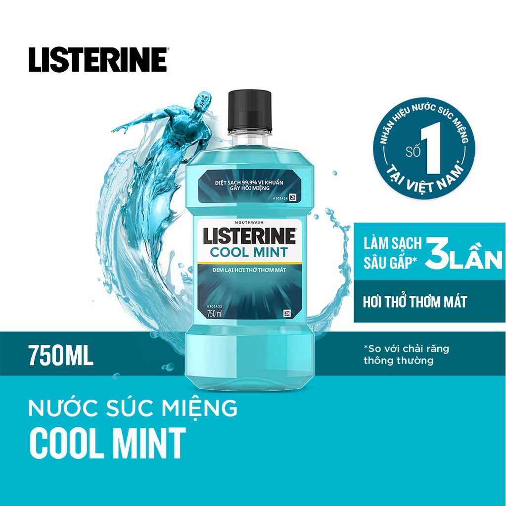 Bộ 2 chai nước súc miệng Listerine Cool Mint diệt khuẩn giữ hơi thở thơm mát 750ml/chai