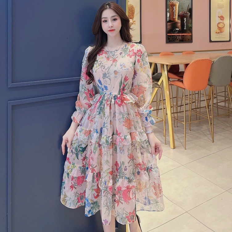 Đầm xòe tầng cách điệu LAMINU thiết kế, váy tiểu thư dài tay, chất tơ mỏng nhẹ 2 lớp