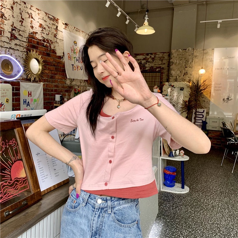 Áo Thun Tay Ngắn Giả Hai Lớp Phong Cách Hàn Quốc 185275 Áo Thun Ngắn Tay Thời Trang Mùa Hè