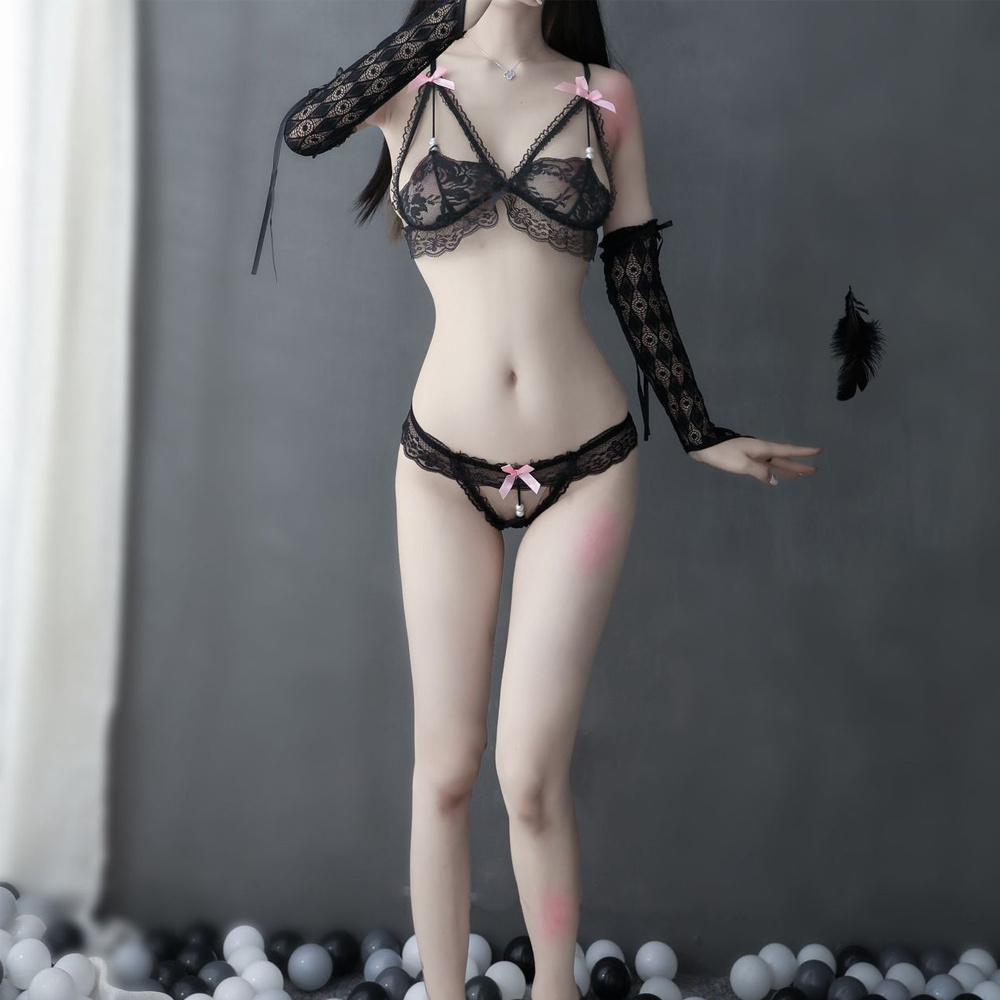 Bộ Đồ Lót Ren Nâng Ngực Đính Nơ Màu Trắng / Đen Phong Cách Lolita Gợi Cảm Cho Nữ