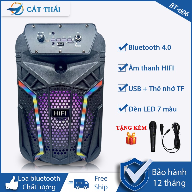 Loa bluetooth BT-606 tặng kèm Micro karaoke thoải mái, remote điều khiển từ xa tiện lợi, âm thanh HIFI, có đèn LED 7 màu