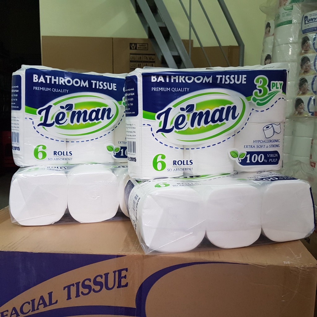 Lốc 6 cuộn giấy vệ sinh Leman xanh không lõi