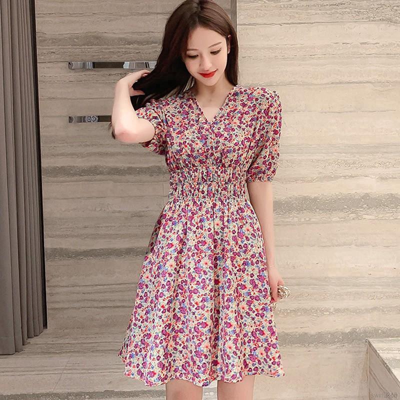 Đầm Tay Ngắn Cổ Chữ V Hoạ Tiết Hoa Thiết Kế Dáng Chữ A Nữ Tính Váy Chân váy