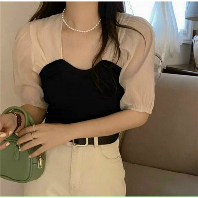 Áo Đen Cổ Khoét Tay Voan Nude Xịn Xò