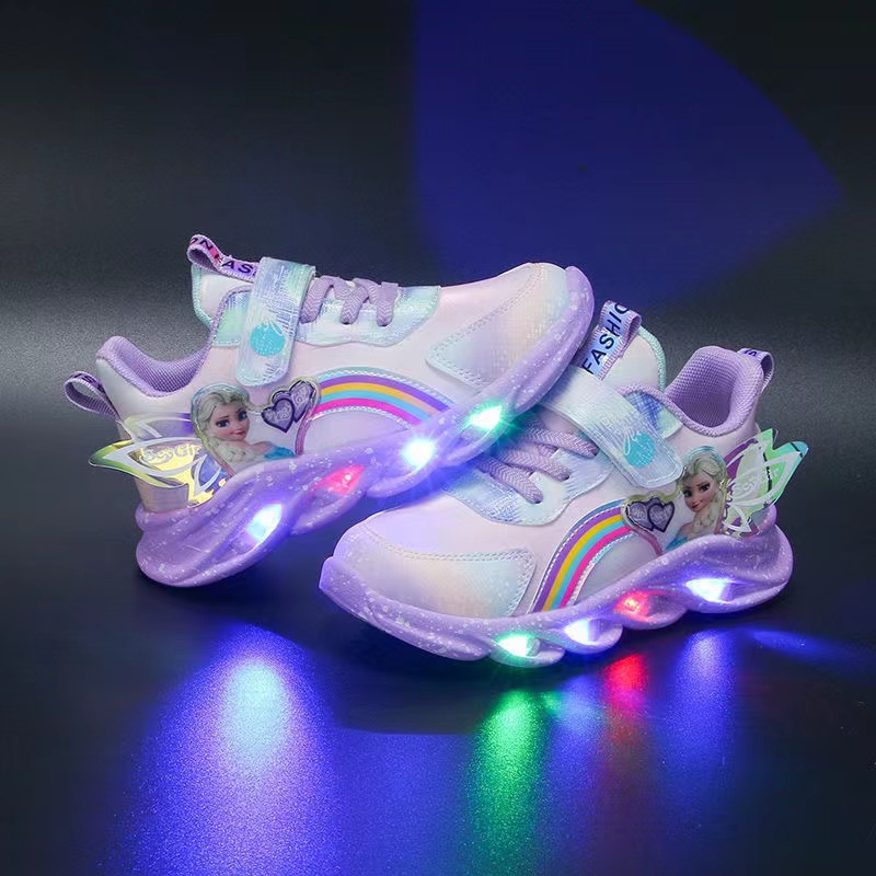 Giày Thể Thao Đế Mềm Chống Trượt Thoáng Khí Có Đèn LED In Hình Công Chúa Elsa Thời Trang Cho Bé Gái