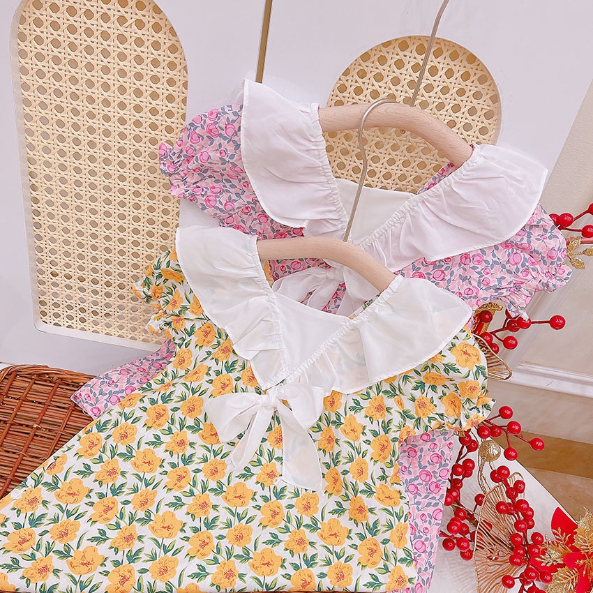VÁY CHO BÉ GÁI HỌA TIẾT HOA XINH XỈU PHỐI BÈO XINH VÁY MỀM NHŨN, MAY TỈ MỈ SIZE 9-21KG [V33]