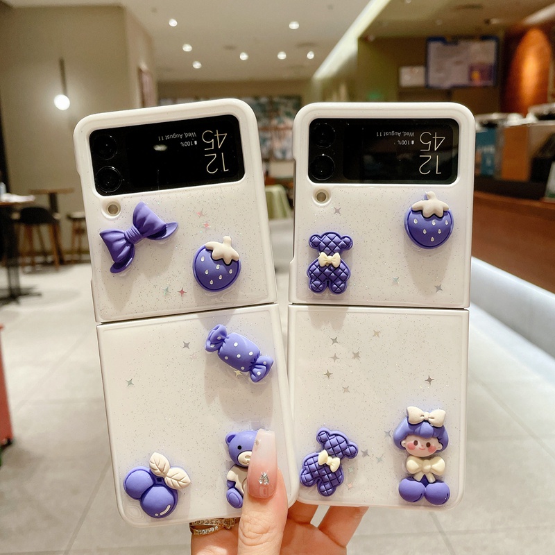 Ốp Điện Thoại Họa Tiết Quả Dâu Tây/Gấu 3d Đính Nơ Lấp Lánh Kiểu Hàn Quốc Cho Samsung Galaxy Z Flip 3 5G Z Flip3 Zflip3