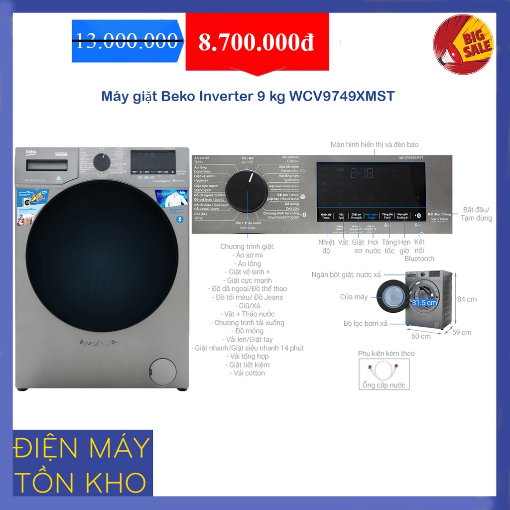 Máy giặt Beko Inverter 9 kg WCV9749XMST