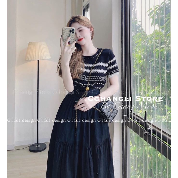 Sét áo len hoa tiết và chân váy chun sau bản to Mao Mao Boutique