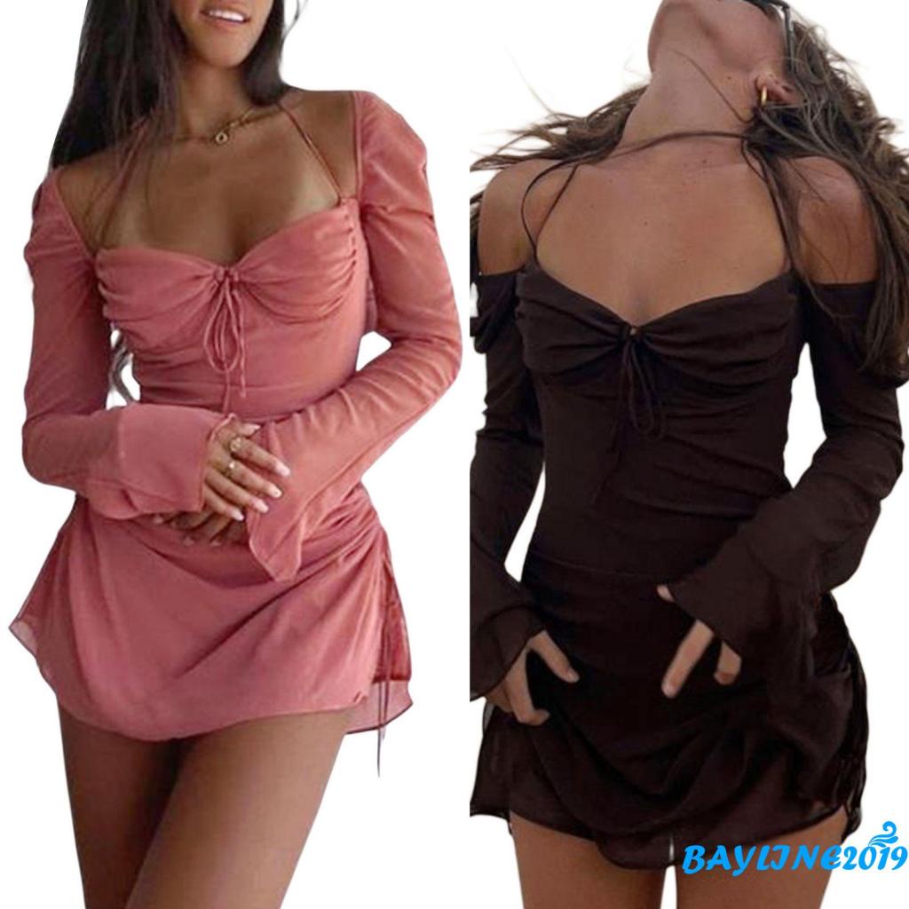 Đầm Ngắn Tay Dài Cổ Yếm Màu Trơn Phối Dây Rút Thời Trang Cho Nữ