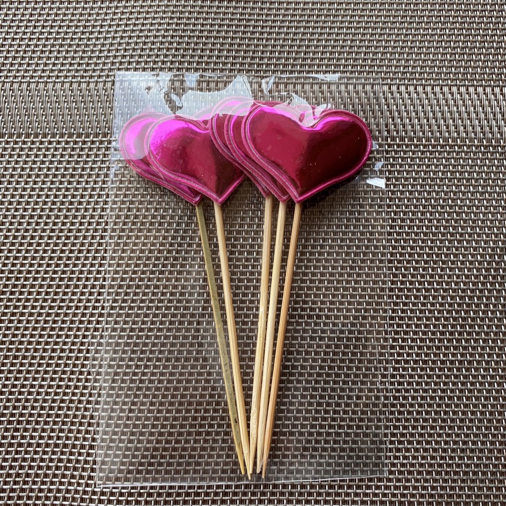 Set 5 que cắm hình trái tim cán gỗ [GIÁ SỈ] dùng trang trí bánh kem bánh sinh nhật