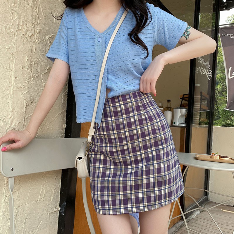 Korean High Waist Plaid Straight Skirt High Waist Was Thin Plaid Skirt | BigBuy360 - bigbuy360.vn