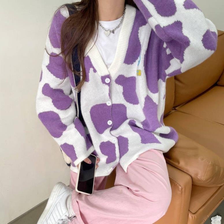 SALE SOCK Freeship Áo Cadigan Len Hoạ Tiết Bò Sữa Kèm Ảnh Thật