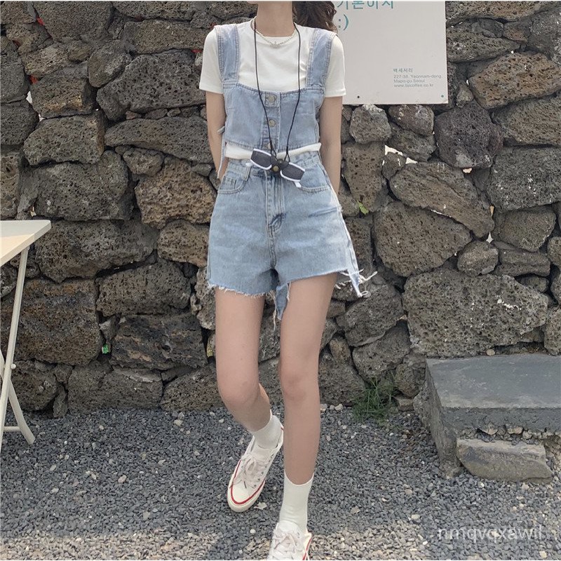 Thời Trang Phong Cách Phù Hợp Với Phụ Nữ Bên Trong Màu Trắng Tay NgắnTÁo Sơ Mi Và Mùa Hè Ngắn Denim Vest Dây Đeo Hai Mản