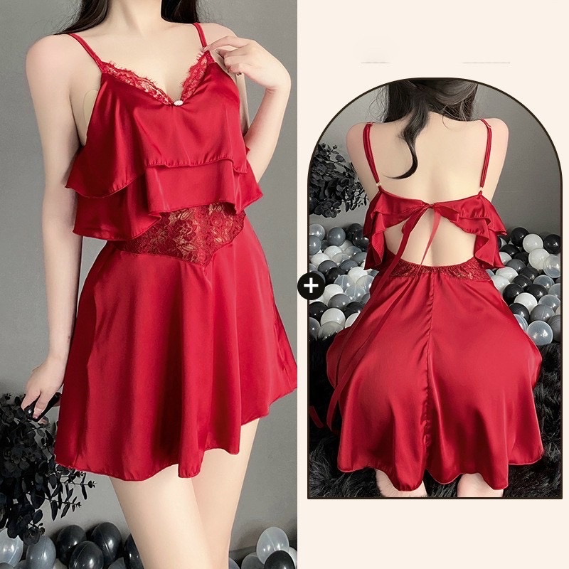 Đầm ngủ 2 dây phối ren nhúng bèo cúp ngực dáng suông liền thân nhiều màu chất lụa mềm mịn NG042 - NoGi Sleepwear