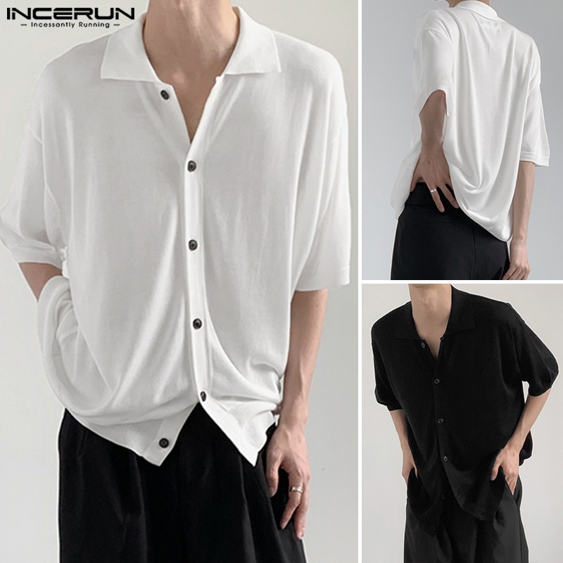 Áo sơ mi dệt kim INCERUN tay ngắn màu trơn cài nút cổ bẻ thời trang cao cấp cho nam