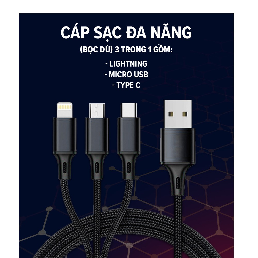 Dây Cáp Sạc đa năng 3 trong 1 hỗ trợ 3 Đầu Lightning - Micro USB - Type C