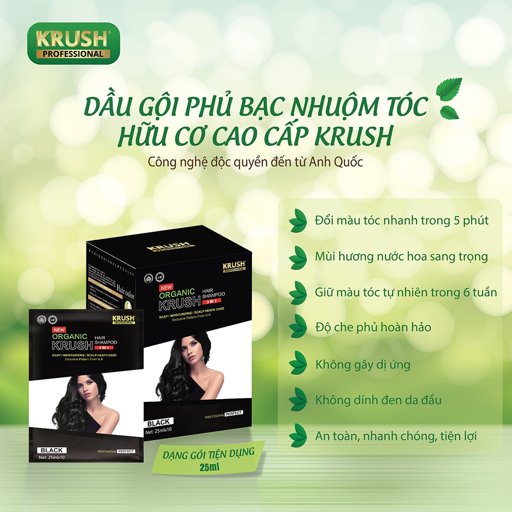 Dầu Gội Nhuộm Tóc Krush Gội Phủ Bạc Thảo Dược Đen Tóc Từ Anh Quốc Gói Lẻ 25ml