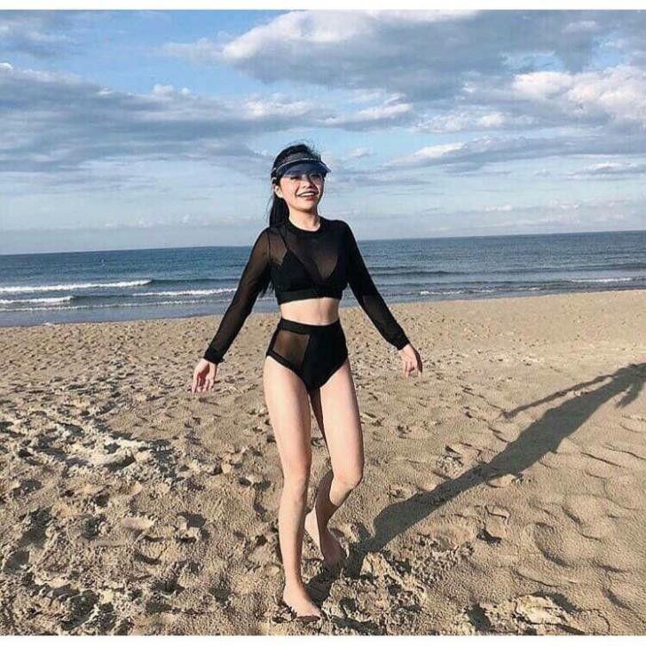 Bikini hai mảnh đen phối lưới dài tay sexy mặc đi biển hot hit mùa hè ☝️