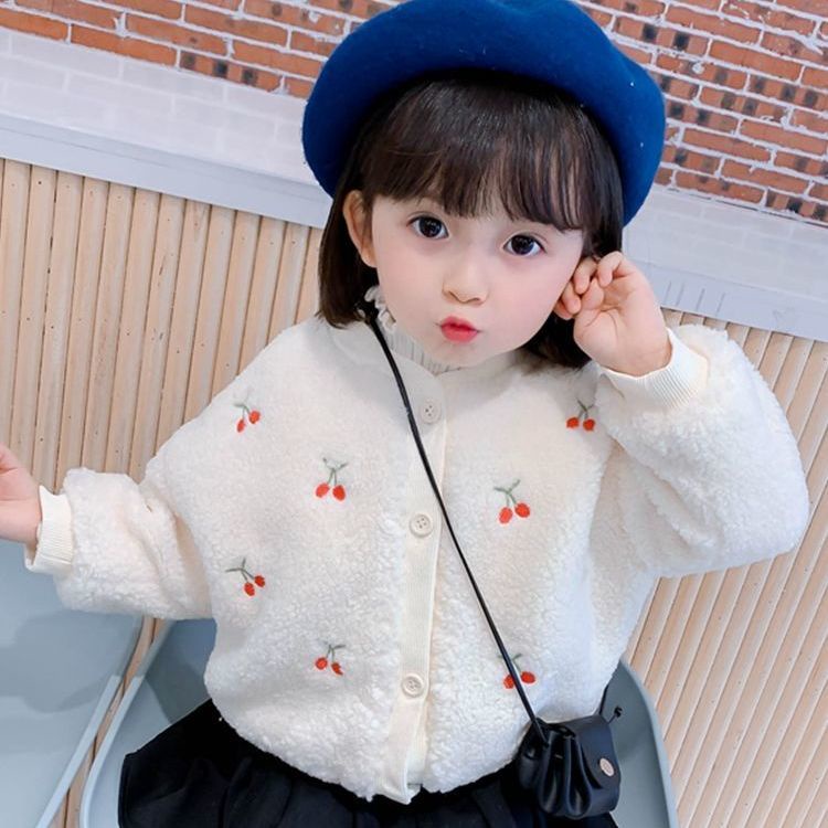 Áo khoác len lông cừu lót nhung thời trang mùa đông cho bé gái