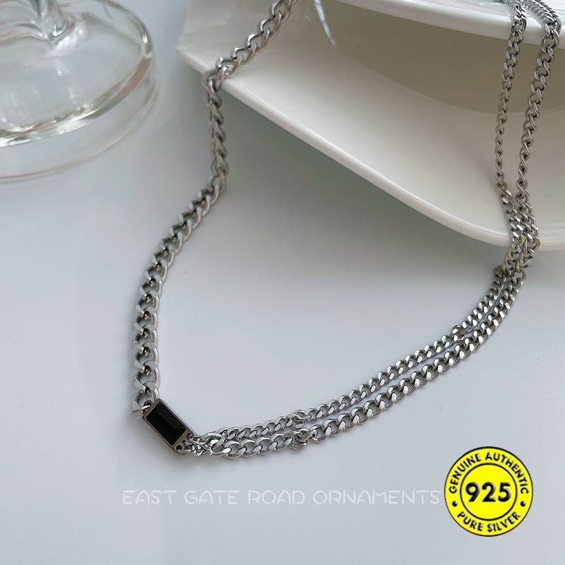 Vòng cổ Mặt Vuông Bằng Bạc S925 Màu Đen Cho Nữ