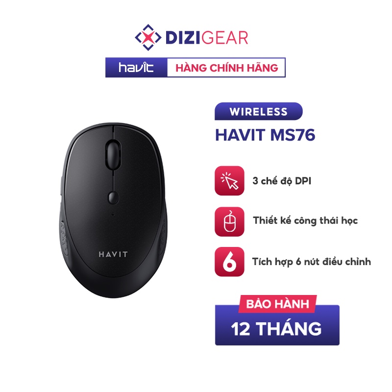 Chuột Không Dây HAVIT MS76, Thiết Kế Công Thái Học, 3 DPI + 6 Nút Chỉnh, Tuổi Thọ 3Tr Lần Nhấn - Chính Hãng BH 12 Tháng