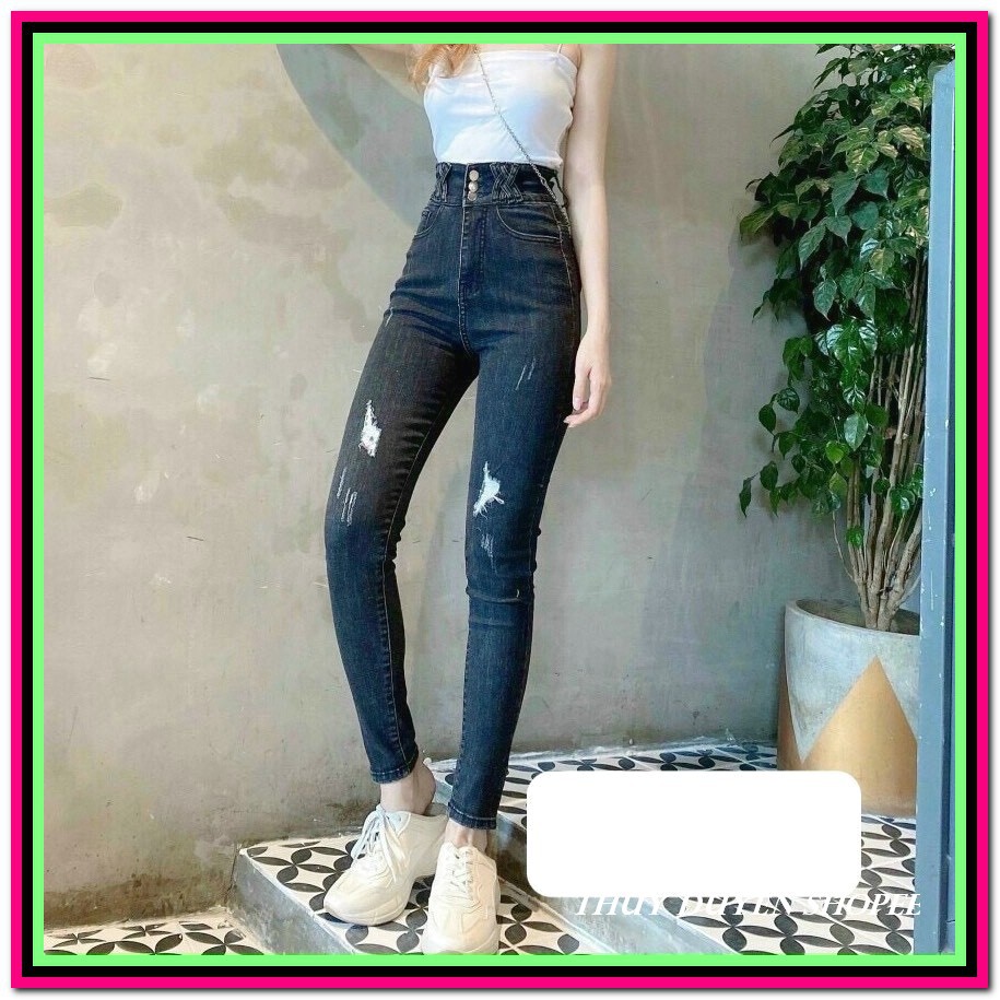 Quần jean nữ 2 cúc X ĐAI MÀU XÁM ĐEN PHỐI RÁCH chất jean giãn tốt fome chuẩn xịn VV552