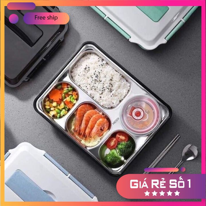 Hộp cơm 5 ngăn inox 304 Có Nắp Đậy tặng kèm bộ muỗng đũa inox siêu tiện lợi | BigBuy360 - bigbuy360.vn