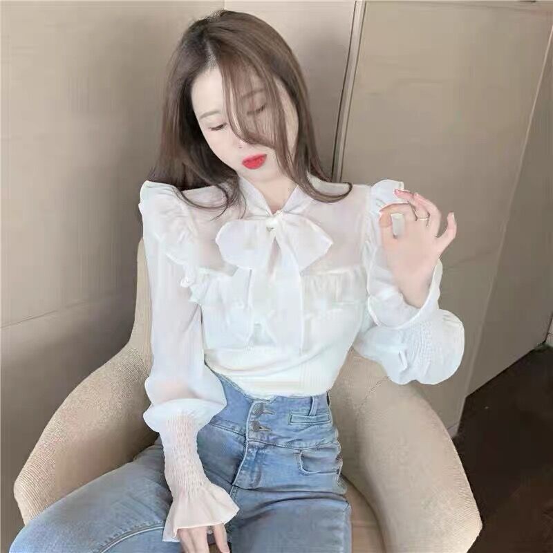 Áo Sơ Mi Mỏng Tay Dài Thắt Nơ Phong Cách Hàn Quốc Thời Trang Cho Nữ