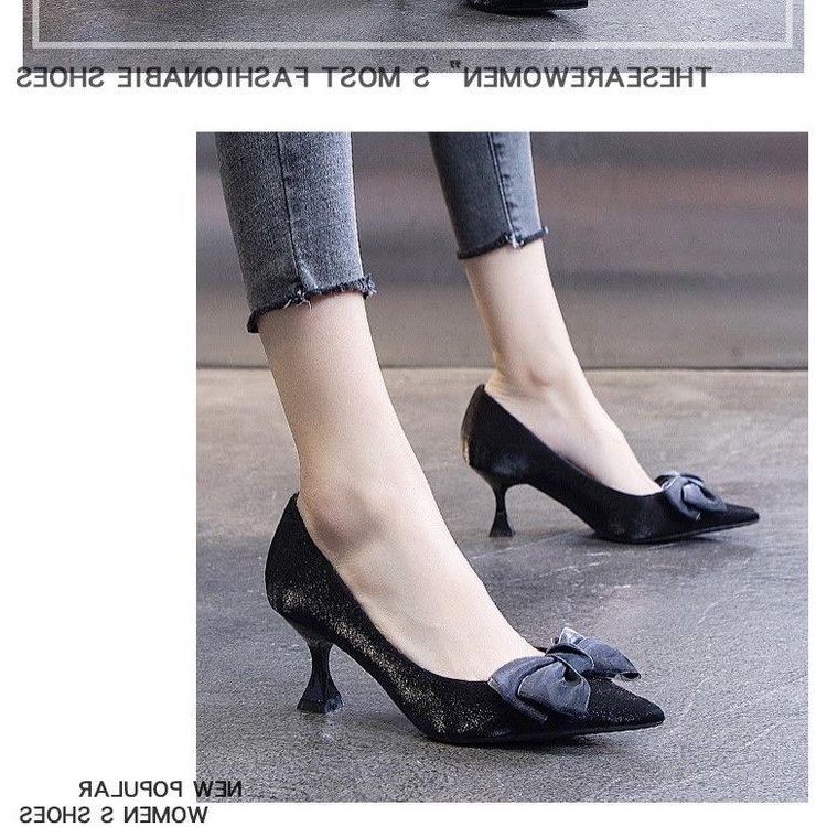 Giày cao gót mũi nhọn đính nơ màu đỏ thời trang mùa xuân Pháp 2021 cho nữ