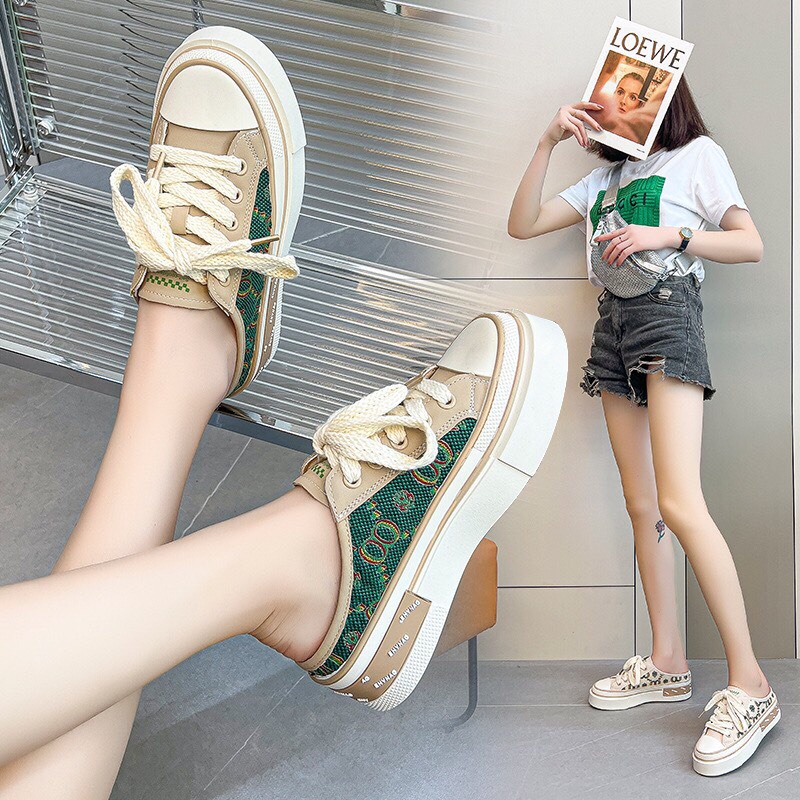 Giày sục nữ vải sườn đan thêu sác nét dây bản to lụa mềm