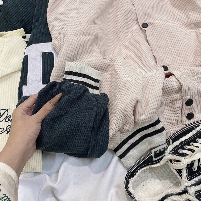 Áo khoác bomber bóng chày kaki nhung gân 2 lớp thêu unisex ulzzang nam nữ