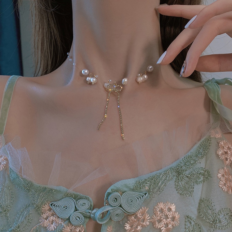 Vòng cổ Hình Nơ Đính Ngọc Trai Và Kim Cương Lấp Lánh Sang Trọng Dành Cho Nữ 2022