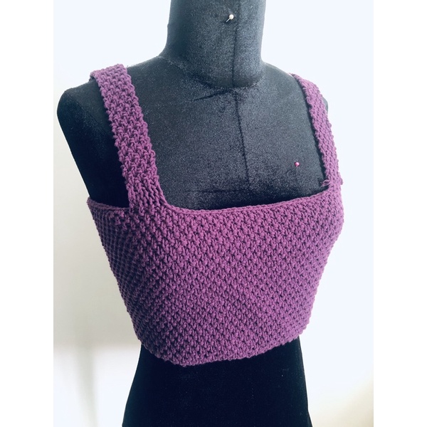 Áo croptop áo hai dây bản to len móc hot trend màu tím đậm