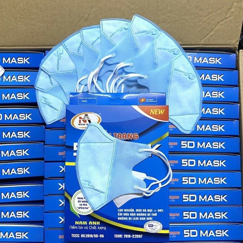Combo 100 chiếc / 10 hộp khẩu trang 5D mask Nam Anh lọc khuẩn và bụi mịn quai mềm chống đau tai ami mask