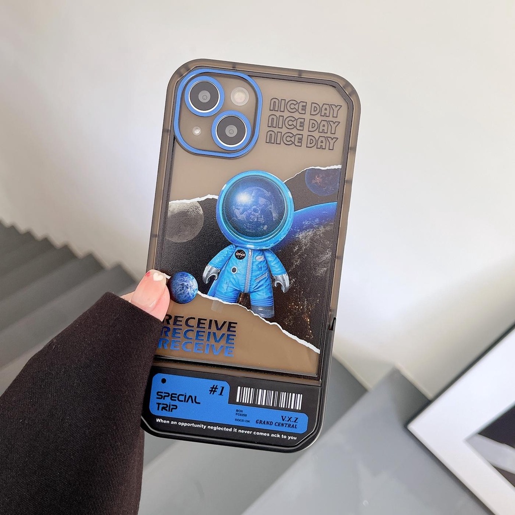 Ốp Điện Thoại Tpu Dẻo Họa Tiết Hoạt Hình Phi Hành Gia Kèm Giá Đỡ Tàng Hình Cho iphone 13 12 11 pro xs max xr 7 / 8 plus
