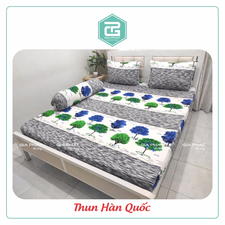 Bộ ga gối Thun Lạnh Hàn Quốc { 4 Món } họa tiết Cây Lá ( 1 ga bọc + 2 vỏ gối nằm + 1 vỏ gối ôm )