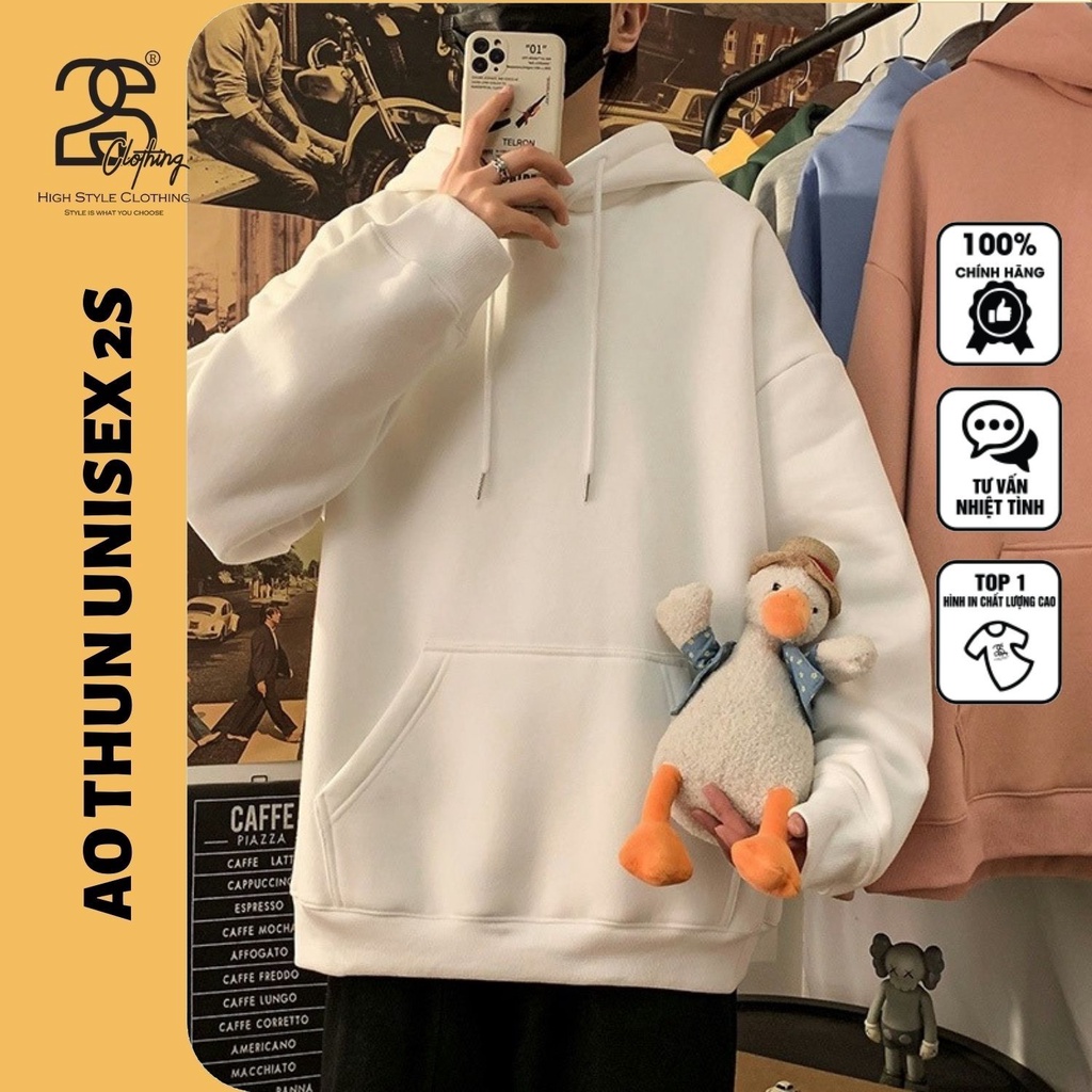 Áo Hoodie Nỉ Trơn Form Rộng Có Mũ 2S Clothing, Áo Hoodie Basic Unisex Màu Trắng Đen