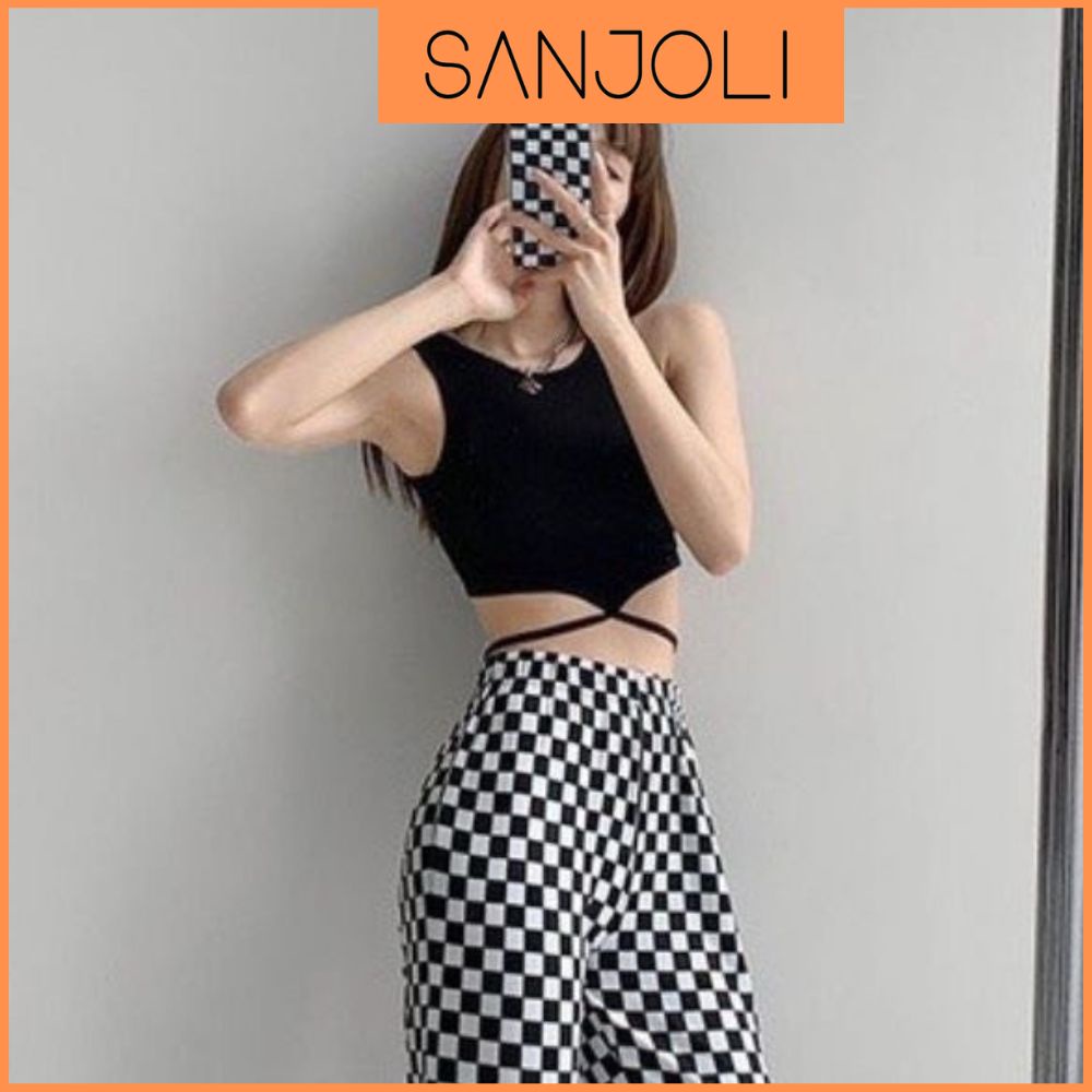 Áo Ba Lỗ Croptop SANJOLI Áo Thun Croptop Kiểu Nữ Tay Ngắn Ôm Body Thiết Kế Buộc Dây Eo Phong Cách Cá Tính Đi Chơi AO067