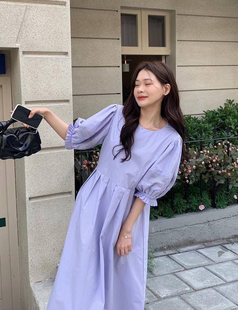 Đầm Dáng Dài Cổ Tròn Tay Phồng Xếp Ly Thời Trang Thanh Lịch 50804