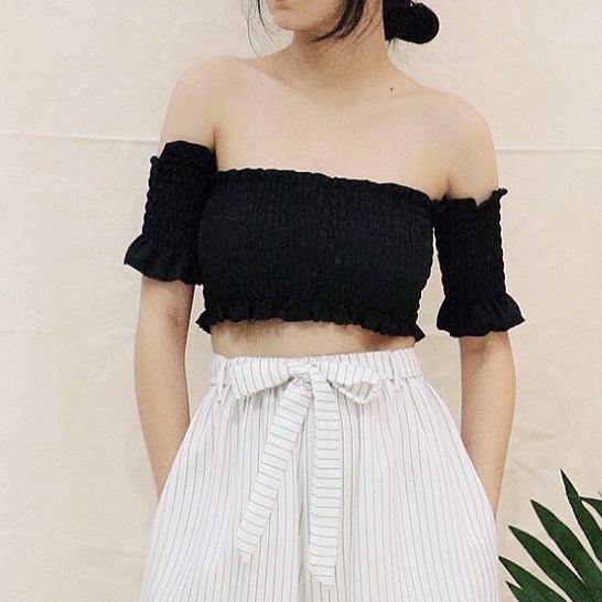 KIOBI - Áo kiểu croptop thun chỉ bo tay rớt và ngực, vải cotton lụa - 1BAA18112