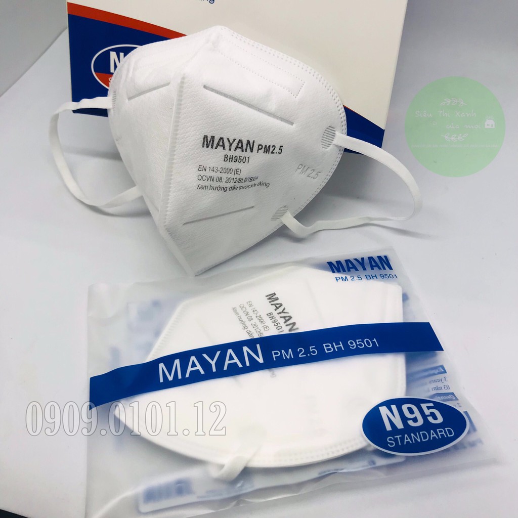 Khẩu trang n95 Mayan bh9501 chính hãng hộp 60 cái, kn95 mask đệm mũi cao cấp lớp lọc kháng khuẩn than hoạt tính