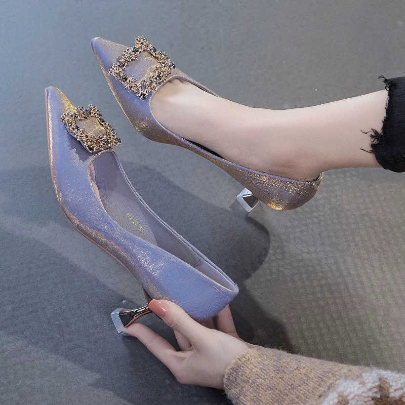 Giày Cao Gót Mũi Nhọn Cài Khóa Vuông Màu Sắc Nude Thời Trang Xuân Thu Dành Cho Nữ 2022