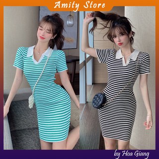 [Váy polo kẻ dệt kim] Đầm len dệt kim polo ôm body gợi cảm hàng quảng châu